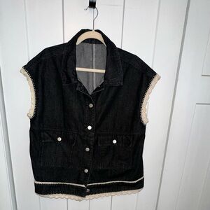 Black Denim Vest with Classic Collar and Elastic Waistband - hand crocheted trim